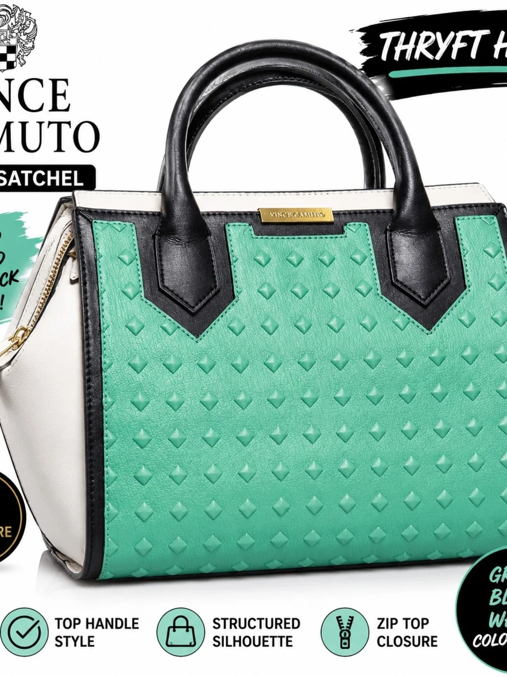Vince Camuto Mint Green & Black Studded Satchel